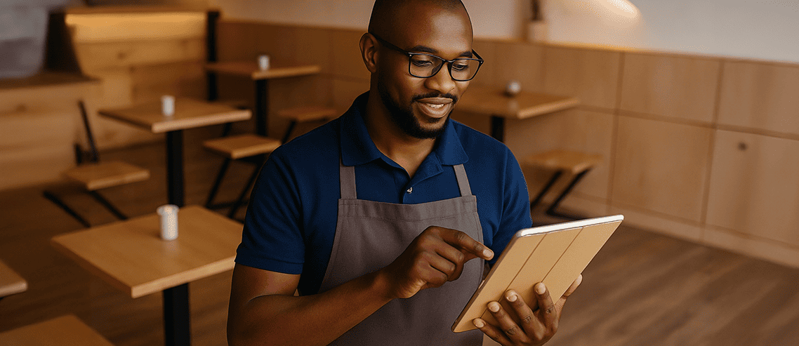 Homem empreendedor de avental buscando informações de educação financeira em um tablet.
