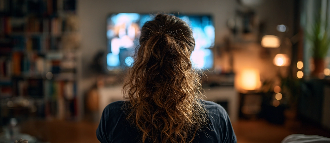 Pessoa em uma sala assistindo um filme na TV