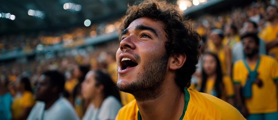 Torcedor com a camiseta verde e amarela torcendo no estádio
