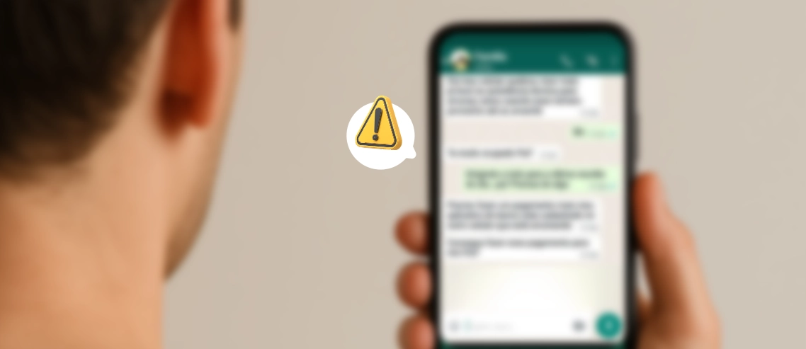 Pessoa mexendo no WhatsApp e com sinal de alerta