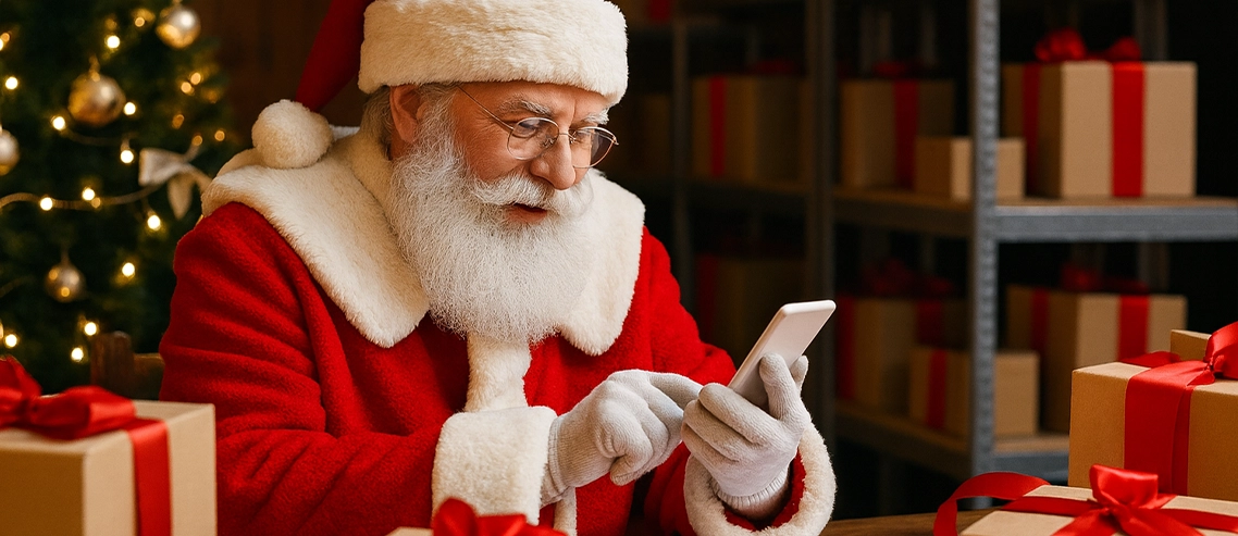 Blog RecargaPay | Eficiente, rápido e organizado: aprenda sobre empreendedorismo com o Papai Noel Papai Noel mexendo no celular e gerenciando seu negócio