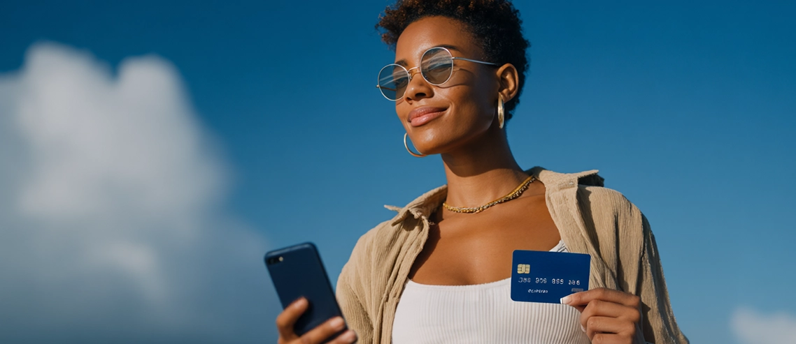 Mulher mexendo no celular e segurando um cartão de crédito